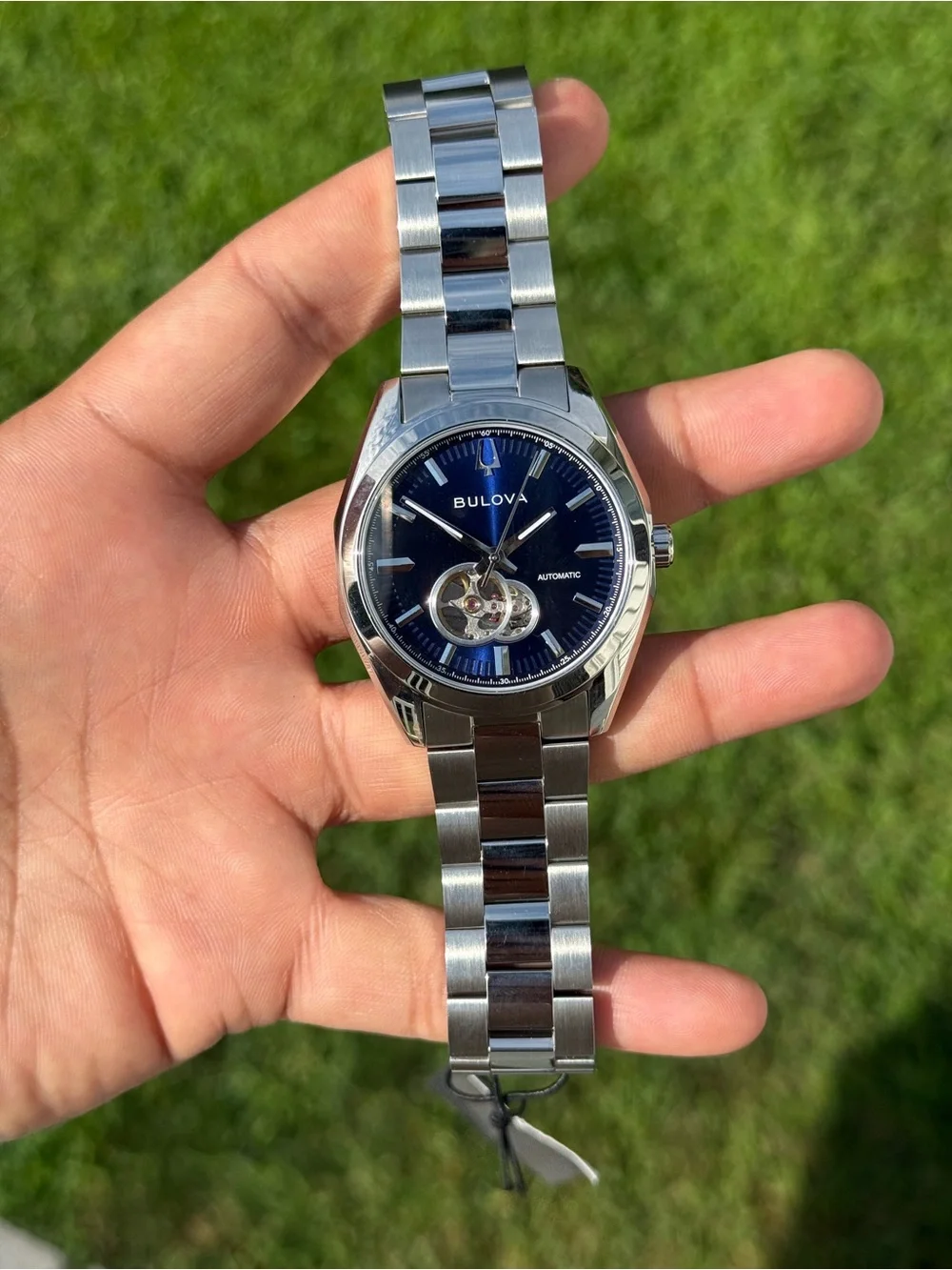 Bulova Silver Stainless Steel automatic men’s Watch with Blue Open-Heart Dial
